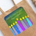 Hanukkah Peace Love Light, Blue Boho Candles Green Square Sticker<br><div class="desc">“Peace, love & light.” A playful, modern, artsy illustration of boho pattern candles helps you usher in the holiday of Hanukkah. Assorted blue candles with colorful faux foil patterns overlay a rich, deep green textured background. Feel the warmth and joy of the holiday season whenever you use this stunning, colorful,...</div>