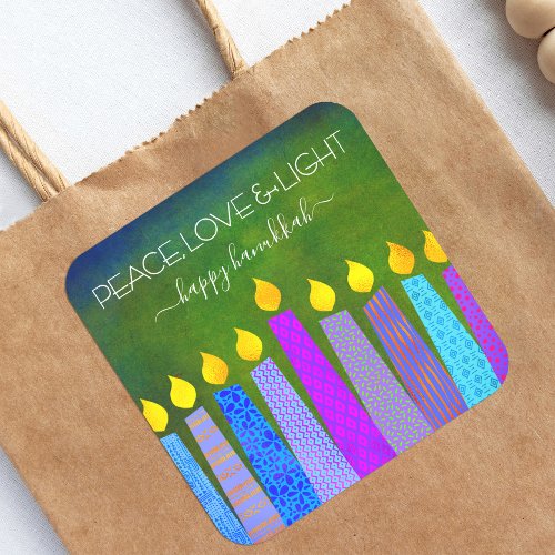 Hanukkah Peace Love Light Blue Boho Candles Green Square Sticker