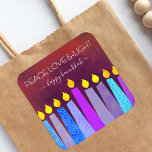 Hanukkah Peace Love Light Blue Boho Candles Red Square Sticker<br><div class="desc">“Peace, love & light.” A playful, modern, artsy illustration of boho pattern candles helps you usher in the holiday of Hanukkah. Assorted blue candles with colorful faux foil patterns overlay a rich, deep burnt red orange textured background. Feel the warmth and joy of the holiday season whenever you use this...</div>