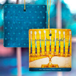 Hanukkah Peace Love Light, Yellow Menorah Keepsake Ceramic Ornament<br><div class="desc">“Peace, love & light.” A close-up digital photo illustration of a bright, colorful, yellow and gold artsy menorah, with your personalized name, helps you usher in the holiday of Hanukkah in style. On the back, a tiny blue Star of David pattern overlays a textured teal blue background. Feel the warmth...</div>
