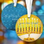 Hanukkah Peace Love Light Yellow Menorah Keepsake Ornament<br><div class="desc">“Peace, love & light.” A close-up digital photo illustration of a bright, colorful, yellow and gold artsy menorah helps you usher in the holiday of Hanukkah in style. On the back, your personalized name and year and a tiny blue Star of David pattern overlays a textured teal blue background. Feel...</div>