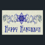 Hanukkah Peace Star Rectangular Sticker<br><div class="desc">Scrollwork holds a Star of David with a Peace sign in the center and a wish for a Happy Hanukkah.</div>