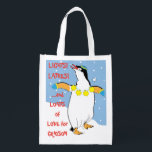 Hanukkah Penguin Grocery Bag<br><div class="desc">Hanukkah Penguin, white 2-sided bag. All design elements can be edited. All editable text can be deleted and replaced with your own message. Use your favorite font color, size, and style. Happy Hanukkah/Chanukah! Style: Reusable Bag Go green and save the planet with our reusable grocery bag! Made with a lightweight...</div>