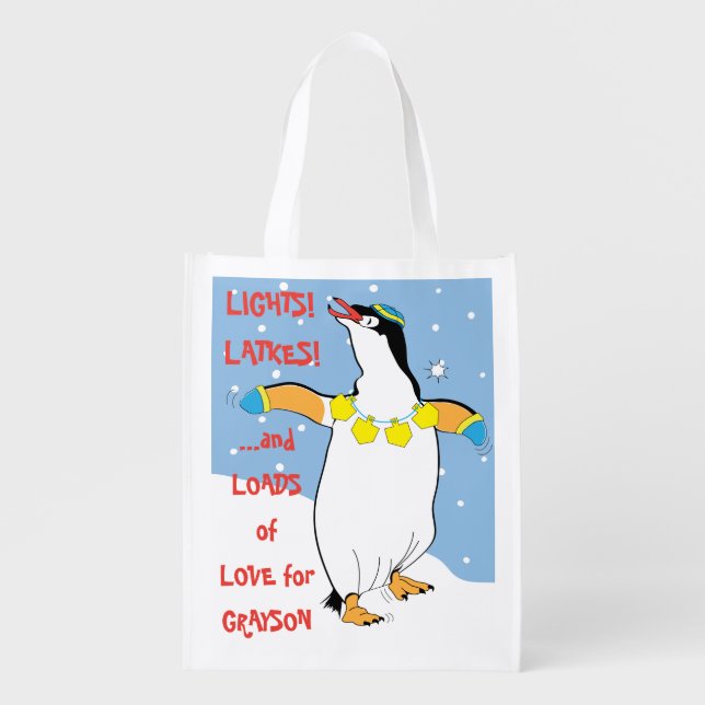 Hanukkah Penguin Grocery Bag (Front)