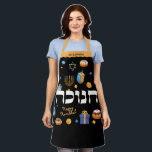 Hanukkah Personalized Hebrew Menorah Dreidel  Apron<br><div class="desc">Set a Happy Hanukkah tone with this Personalized Bold & Bright Hanukkah Apron. Sure to make someone special smile. It is the perfect way to wish friends and family a Happy Hanukkah. Whimsical colorful Chanukah elements — including Jelly Donuts, Dreidels, Wrapped Gifts, Gold Coins and Stars of David— surround the...</div>
