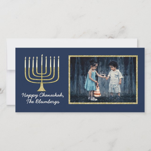 Hanukkah Photo Card "Elegant Menorah Blue" (Front)