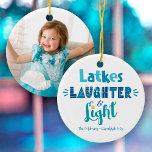Hanukkah Photo Latkes Laughter Light Fun Modern Ceramic Ornament<br><div class="desc">“Latkes, laughter & light.” Fun, whimsical handcrafted typography in dusty blue, turquoise and teal on a white background, along with the photo of your choice on the back, help you usher in Hanukkah. Feel the warmth and joy of the holiday season whenever you use this stylish and modern personalized photo...</div>