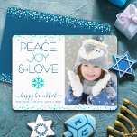 Hanukkah Photo Peace Joy Love Snowflake Modern Holiday Card<br><div class="desc">“Peace, joy & love.” A fun, playful, snowflake illustration and modern typography on a white background help you usher in the Hanukkah season, along with the custom photo of your choice. Faux turquoise foil confetti dots frame the card. Feel the warmth and joy of the holidays whenever you send this...</div>