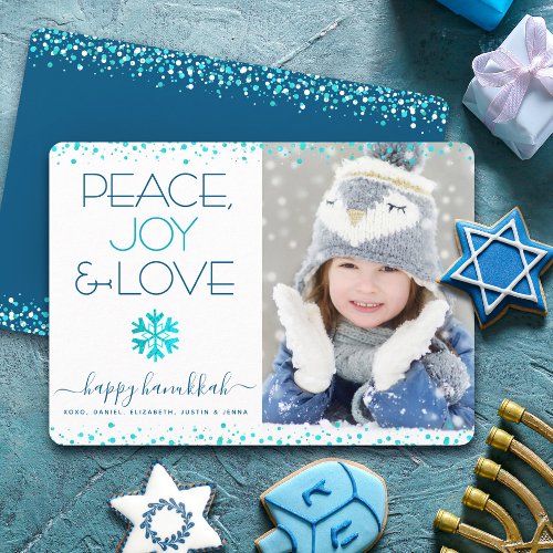 Hanukkah Photo Peace Joy Love Snowflake Modern Holiday Card