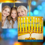 Hanukkah Photo Peace Love Light Yellow Menorah Ceramic Ornament<br><div class="desc">“Peace, love & light.” A close-up digital photo illustration of a bright, colorful, yellow and gold artsy menorah, and handwritten calligraphy script, along with your personalized name, helps you usher in the holiday of Hanukkah in style. On the back, your personalized photo. Feel the warmth and joy of the holiday...</div>