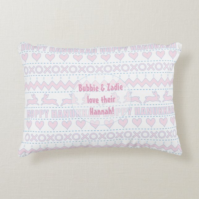 Hanukkah Pillow "Hoppy Hanukkah" Pink/Blue (Front)