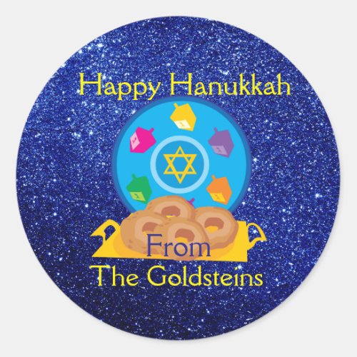 Hanukkah Plate with Dreidels Blue Faux Glitter Classic Round Sticker