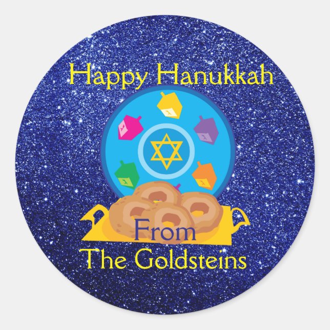 Hanukkah Plate with Dreidels Blue Faux Glitter Classic Round Sticker (Front)