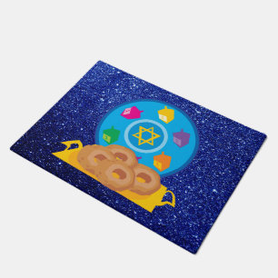 Hanukkah Plate with Dreidels Blue Faux Glitter Doormat