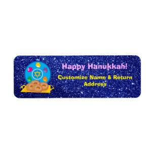 Hanukkah Plate with Dreidels Blue Faux Glitter Label