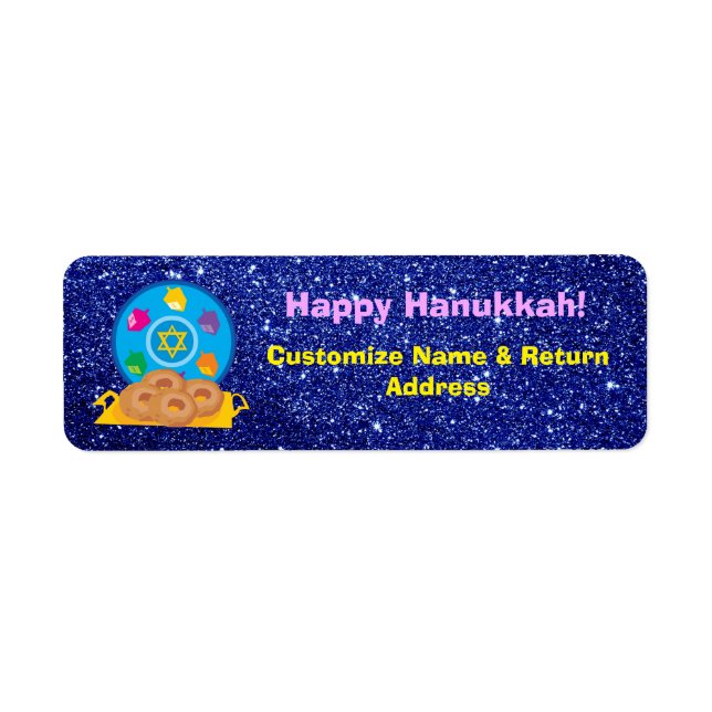 Hanukkah Plate with Dreidels Blue Faux Glitter Label (Front)