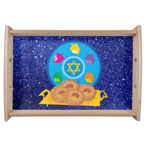 Hanukkah Plate with Dreidels Blue Faux Glitter Serving Tray