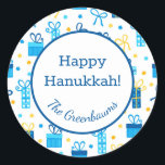 Hanukkah Presents Classic Round Sticker<br><div class="desc">These fabulous gift tags would look great on all your Hanukkah gifts.  They are so festive with their Hanukkah presents and Stars of David in blue and yellow.  Trendy yet traditional.  And,  they are customizable with your family name.</div>