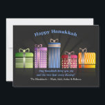 Hanukkah Presents Greeting Card<br><div class="desc">Festive and colorful presents are lined in a row against a dark background. The sentiment "Happy Hanukkah" is preprinted. The card is easy to customize with your wording, font, font color, paper shape options and choice of six paper types. White envelopes included. Nervous about designing and ordering your card online?...</div>