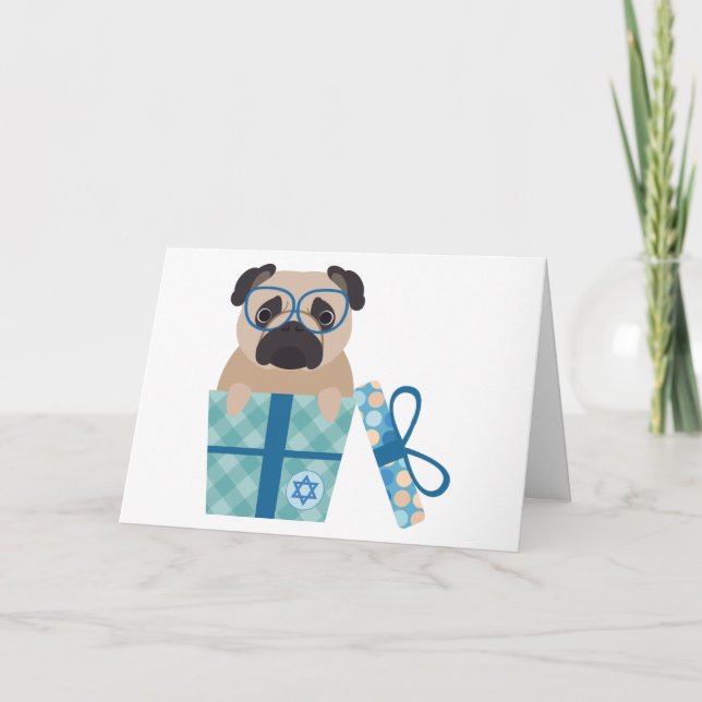 Hanukkah Pug Gift Holiday Card (Front)