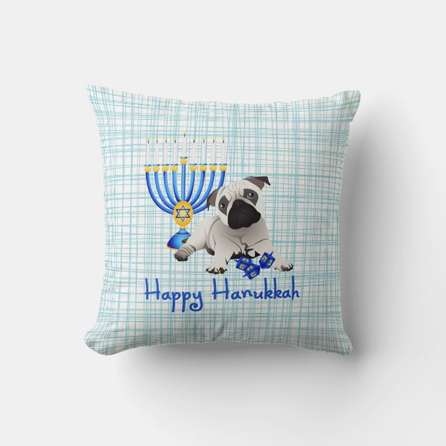 Hanukkah Pug with Menorah and Dreidels Throw Pillow (Front)