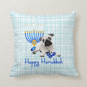 Hanukkah Pug with Menorah and Dreidels Throw Pillow