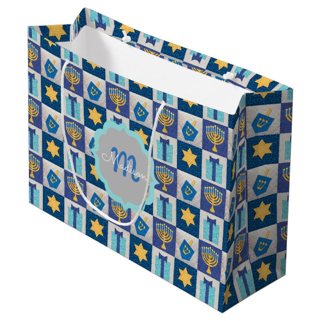 Hanukkah Quilt Personalized Large Gift Bag (Front Angled)