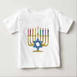 Hanukkah Rainbow Candles Gold Menorah Baby T-Shirt<br><div class="desc">You are viewing The Lee Hiller Designs Collection of Home and Office Decor,  Apparel,  Gifts and Collectibles. The Designs include Lee Hiller Photography and Mixed Media Digital Art Collection. You can view her Nature photography at http://HikeOurPlanet.com/ and follow her hiking blog within Hot Springs National Park.</div>