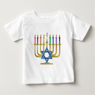 Hanukkah Rainbow Candles Gold Menorah Baby T-Shirt