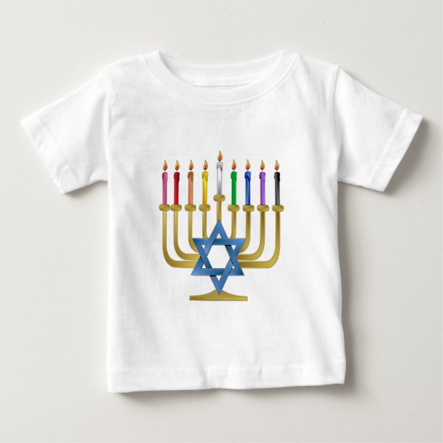 Hanukkah Rainbow Candles Gold Menorah Baby T-Shirt (Front)