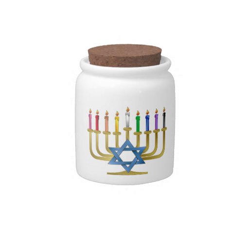 Hanukkah Rainbow Candles Gold Menorah Candy Jar