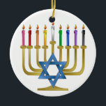 Hanukkah Rainbow Candles Gold Menorah Ceramic Ornament<br><div class="desc">You are viewing The Lee Hiller Designs Collection of Home and Office Decor,  Apparel,  Gifts and Collectibles. The Designs include Lee Hiller Photography and Mixed Media Digital Art Collection. You can view her Nature photography at http://HikeOurPlanet.com/ and follow her hiking blog within Hot Springs National Park.</div>