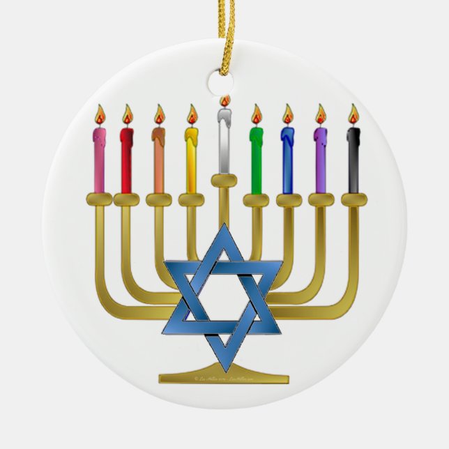 Hanukkah Rainbow Candles Gold Menorah Ceramic Ornament (Front)