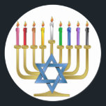 Hanukkah Rainbow Candles Gold Menorah Classic Round Sticker<br><div class="desc">You are viewing The Lee Hiller Designs Collection of Home and Office Decor,  Apparel,  Gifts and Collectibles. The Designs include Lee Hiller Photography and Mixed Media Digital Art Collection. You can view her Nature photography at http://HikeOurPlanet.com/ and follow her hiking blog within Hot Springs National Park.</div>