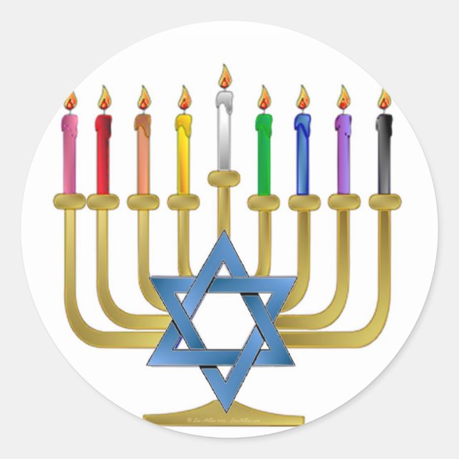 Hanukkah Rainbow Candles Gold Menorah Classic Round Sticker (Front)