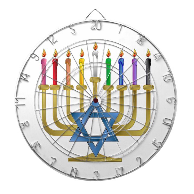 Hanukkah Rainbow Candles Gold Menorah Dart Board (Front)
