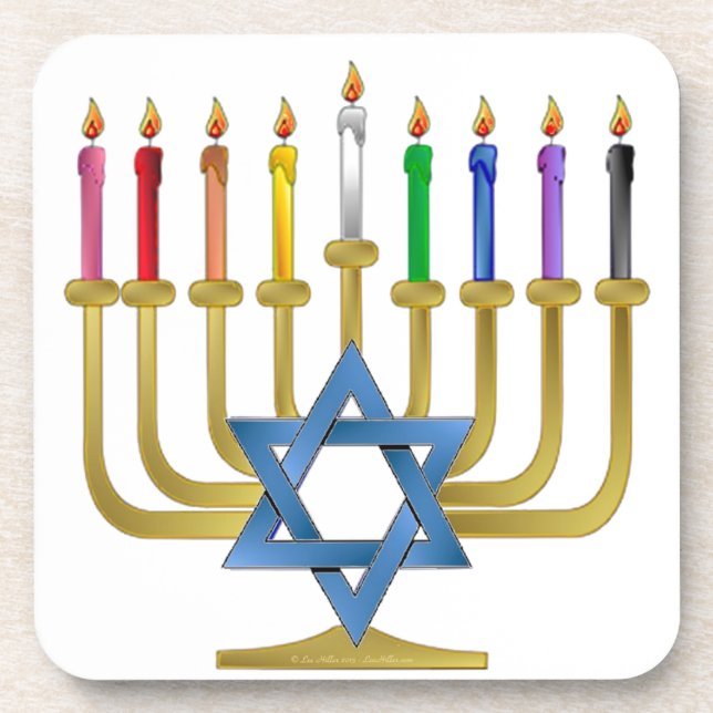 Hanukkah Rainbow Candles Gold Menorah Drink Coaster (Front)