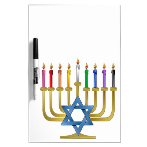 Hanukkah Rainbow Candles Gold Menorah Dry Erase Board