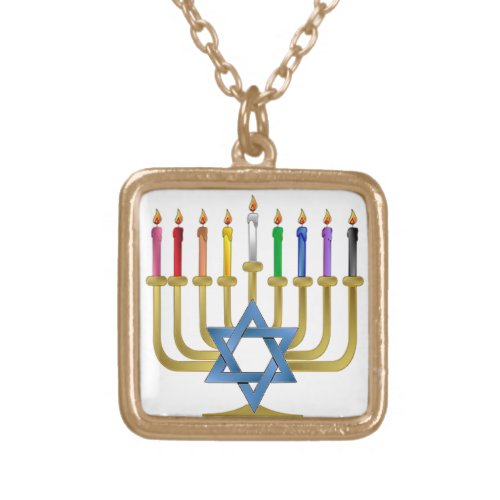 Hanukkah Rainbow Candles Gold Menorah Gold Plated Necklace