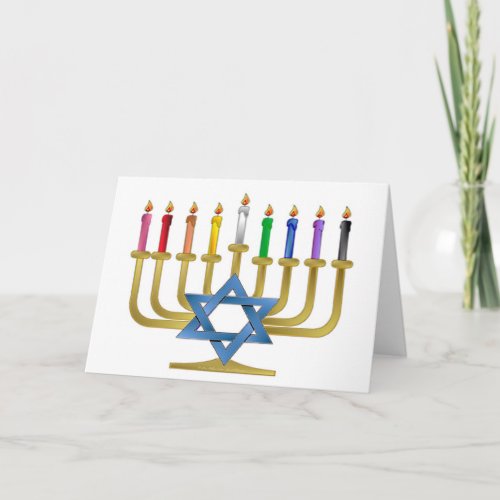 Hanukkah Rainbow Candles Gold Menorah Holiday Card