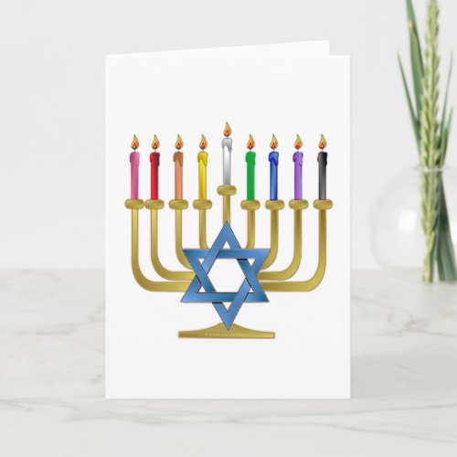 Hanukkah Rainbow Candles Gold Menorah Holiday Card