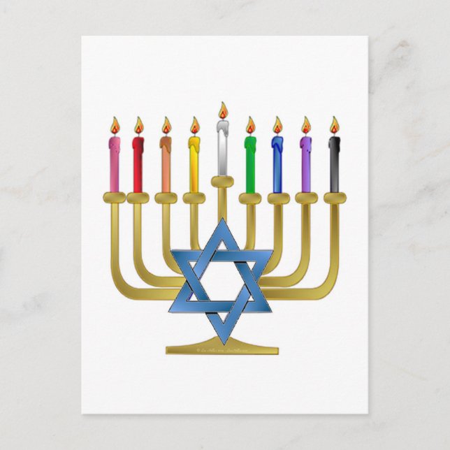 Hanukkah Rainbow Candles Gold Menorah Holiday Postcard (Front)