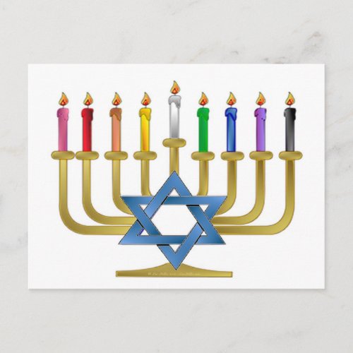 Hanukkah Rainbow Candles Gold Menorah Holiday Postcard