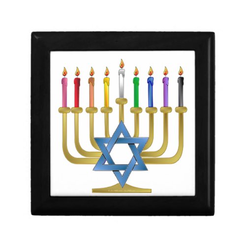 Hanukkah Rainbow Candles Gold Menorah Jewelry Box