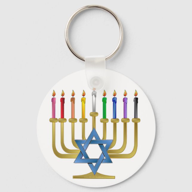 Hanukkah Rainbow Candles Gold Menorah Keychain (Front)