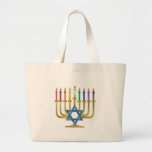 Hanukkah Rainbow Candles Gold Menorah Large Tote Bag<br><div class="desc">You are viewing The Lee Hiller Designs Collection of Home and Office Decor,  Apparel,  Gifts and Collectibles. The Designs include Lee Hiller Photography and Mixed Media Digital Art Collection. You can view her Nature photography at http://HikeOurPlanet.com/ and follow her hiking blog within Hot Springs National Park.</div>