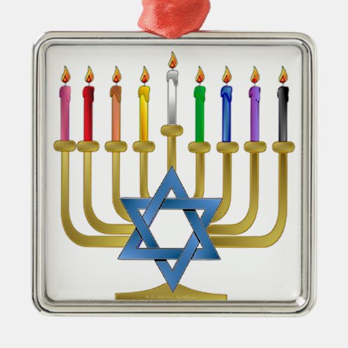 Hanukkah Rainbow Candles Gold Menorah Metal Ornament