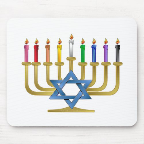 Hanukkah Rainbow Candles Gold Menorah Mouse Pad