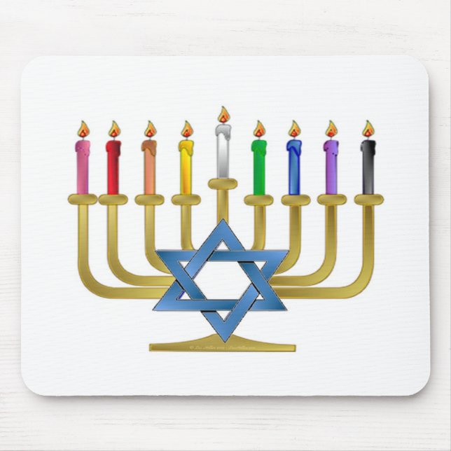 Hanukkah Rainbow Candles Gold Menorah Mouse Pad (Front)