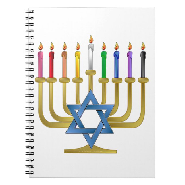 Hanukkah Rainbow Candles Gold Menorah Notebook (Front)